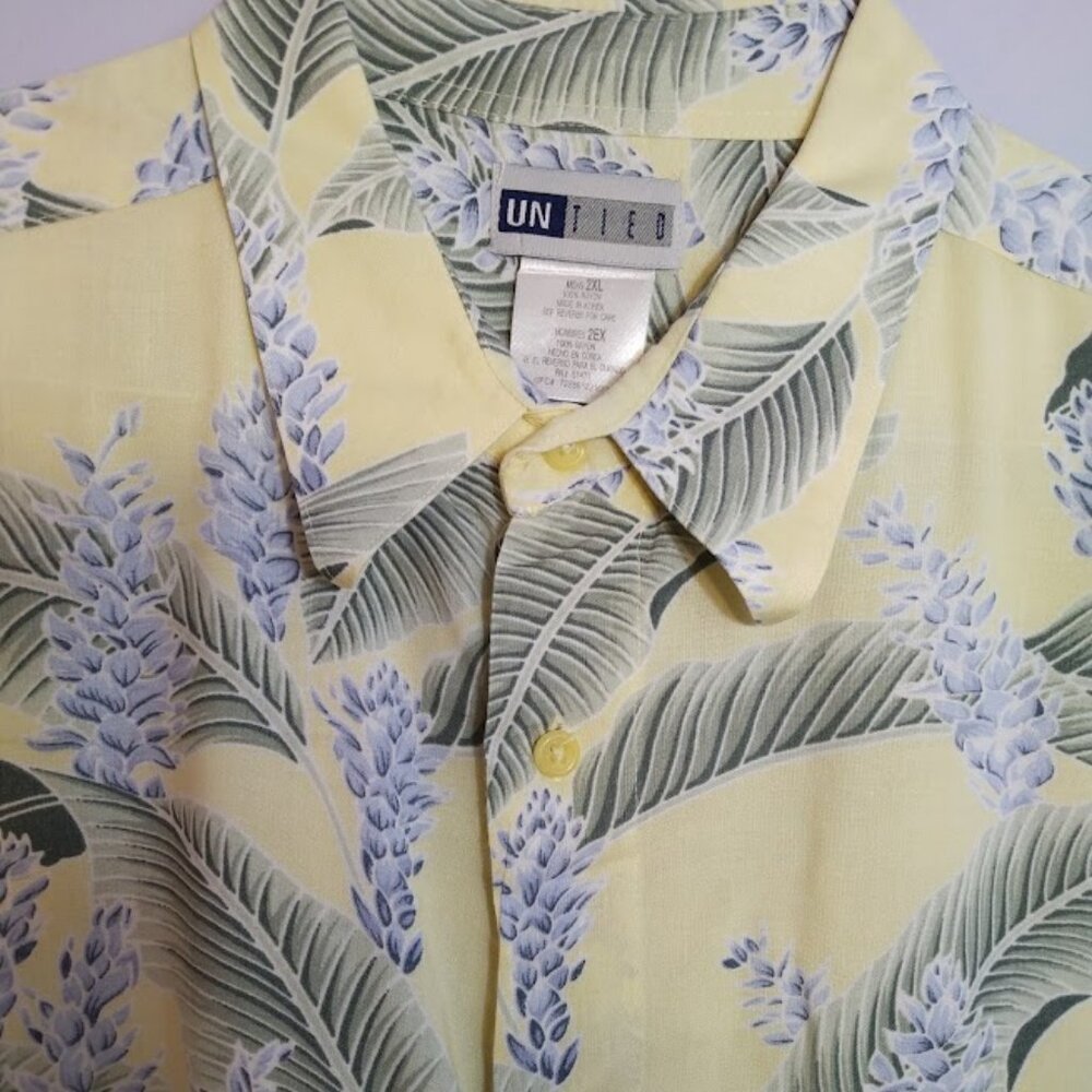 Vintage Hawaiian Men's Camp Shirt XXL Yellow Blue Palm Print Rayon Beach Casual - Picture 4 of 11